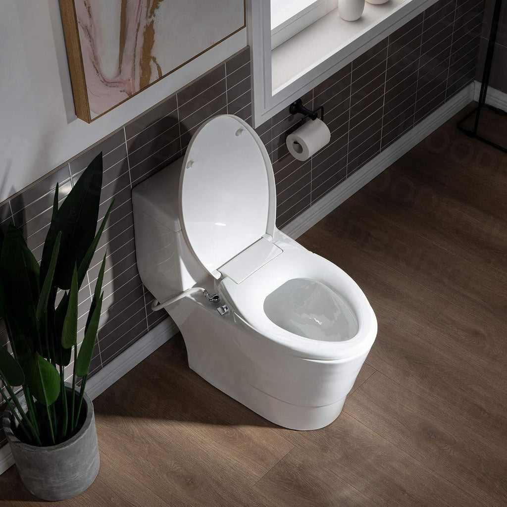 WOODBRIDGE One Piece 1.1GPF/1.6 GPF Dual Flush Elongated Toilet with Non-Electric Bidet Seat in White