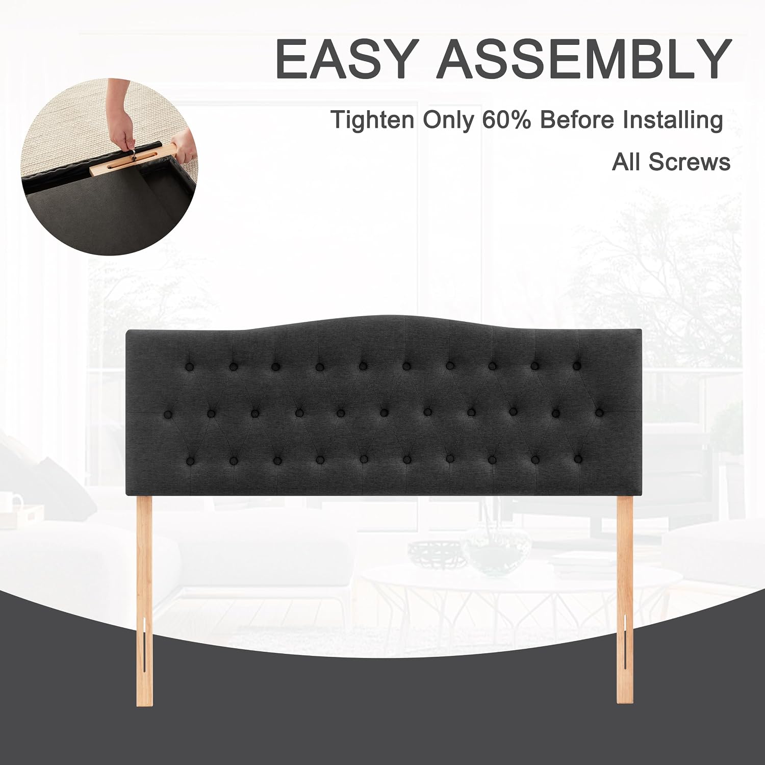 Huatean Home Tufted Upholstered Headboard King Size, Sturdy and Durable Solid Wood Bed headboard, Fabric Headboard Adjustable Height from 37' to 51', Modern Button Diamond Design Head Board, Black