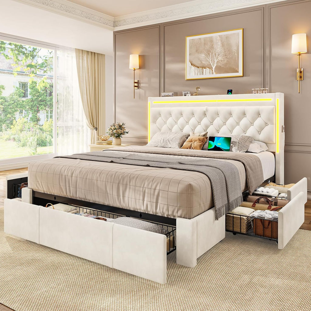 BTHFST Upholstered LED Bed Frame Queen Size with 5 Storage Drawers, Hidden Storage Headboard with Charging Station, Velvet Button Tufted Headboard Platform Bed, Beige