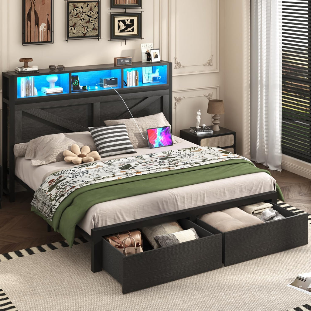 Incyneva Farmhouse Queen Bed Frame with Bookcase Storage Headboard, Charging Station, LED Light and 2 Storage Drawers, Noise Free, No Box Spring Needed, Black