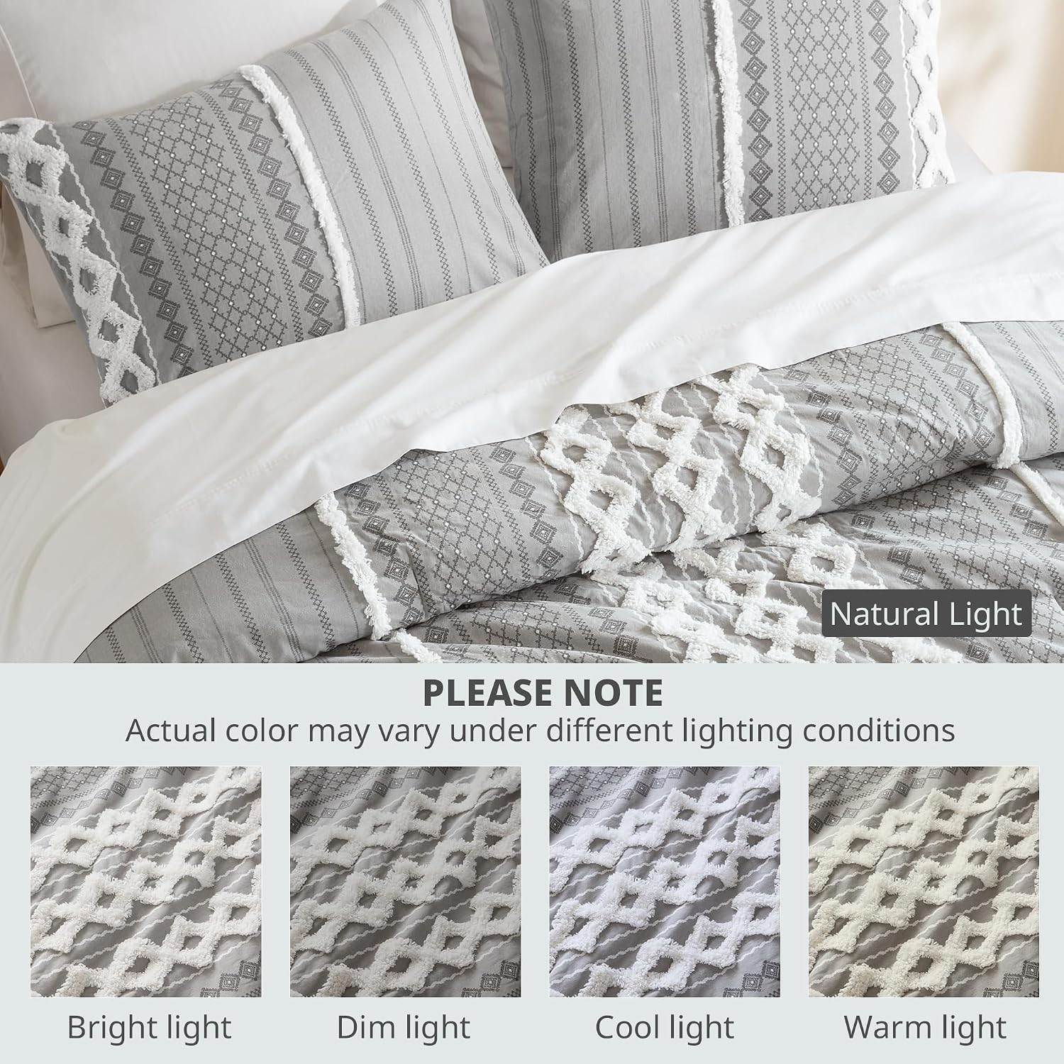INK+IVY King Comforter Set, Boho Comforters, Breathable Cotton Bed Set, All Season Modern Chenille Tufted Comforter with Farmhouse Bedding Flare, Gifts for Woman, Gray 3 Piece