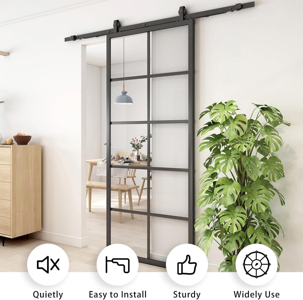 Jubest DIY Glass Sliding Closet Kitchen Door, 36in x 84in Modern French 5-Lite Clear Tempered Glass Aluminum Frame, Easy Assembly