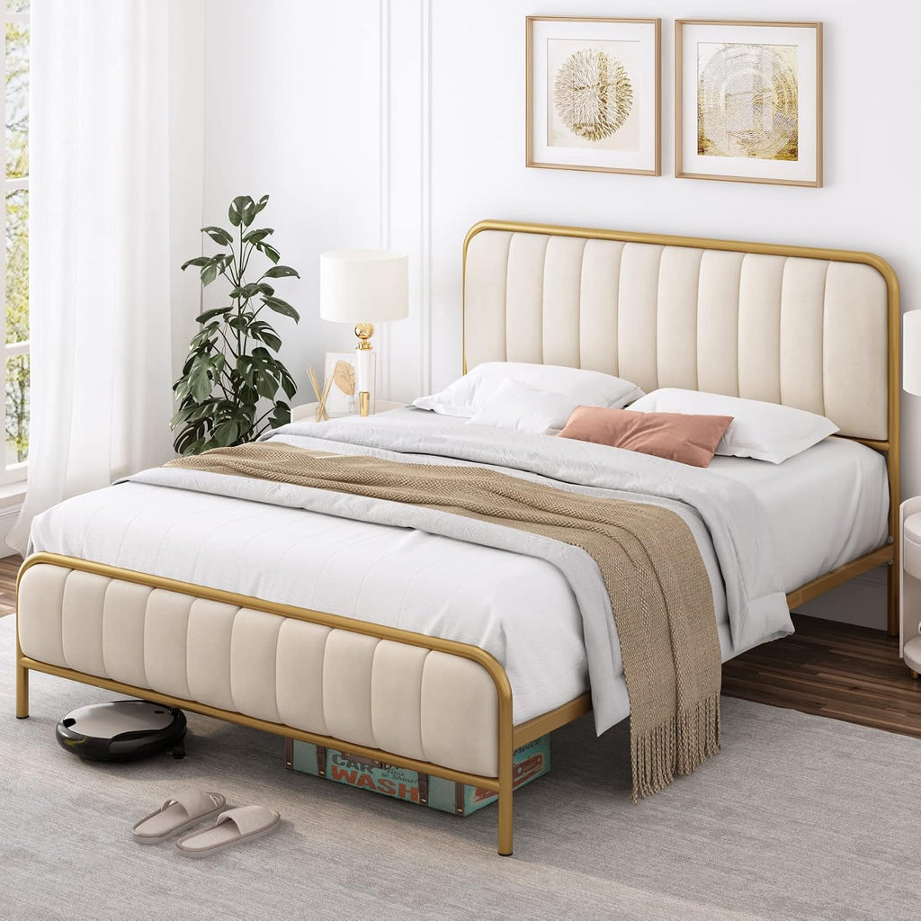 HITHOS Full Size Bed Frame with Button Tufted Headboard, Upholstered Heavy Duty Metal Mattress Foundation with Wooden Slats, Easy Assembly, No Box Spring Needed (Golden/Off White, Full)