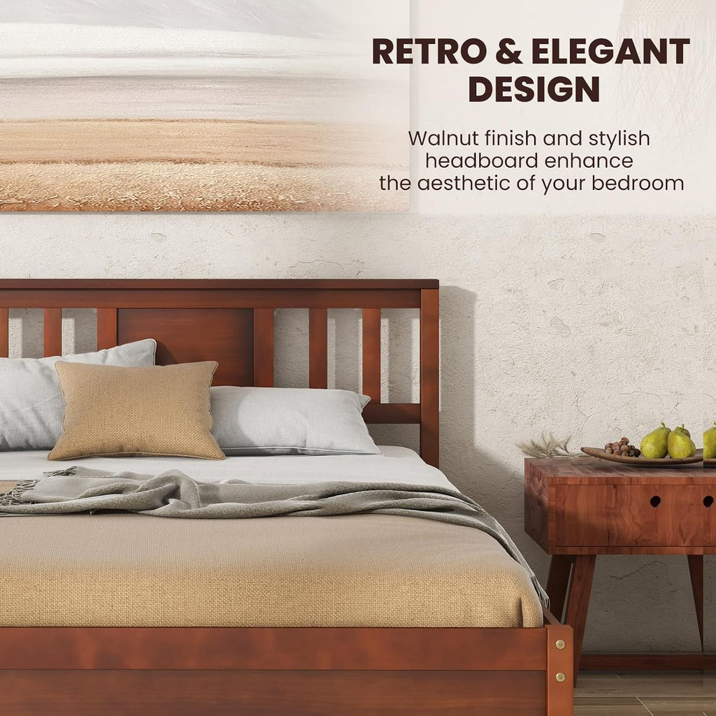 Giantex Twin Bed Frame With Headboard, Mid Century Solid Wood Platform Bed, Single Panel Bed With Slat Support, No Box Spring Needed, for Kids, Walnut