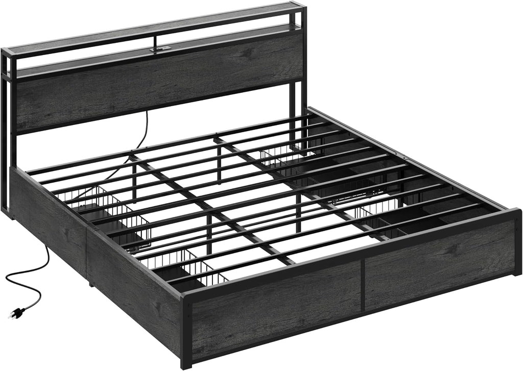 LIKIMIO King Size Bed Frame with 4 Storage Drawers, 2-Tier Storage Headboard with Charging Station, Double Bed Frame King Size for Bedroom, No Box Spring Needed, Easy Assembly, Charcoal Grey