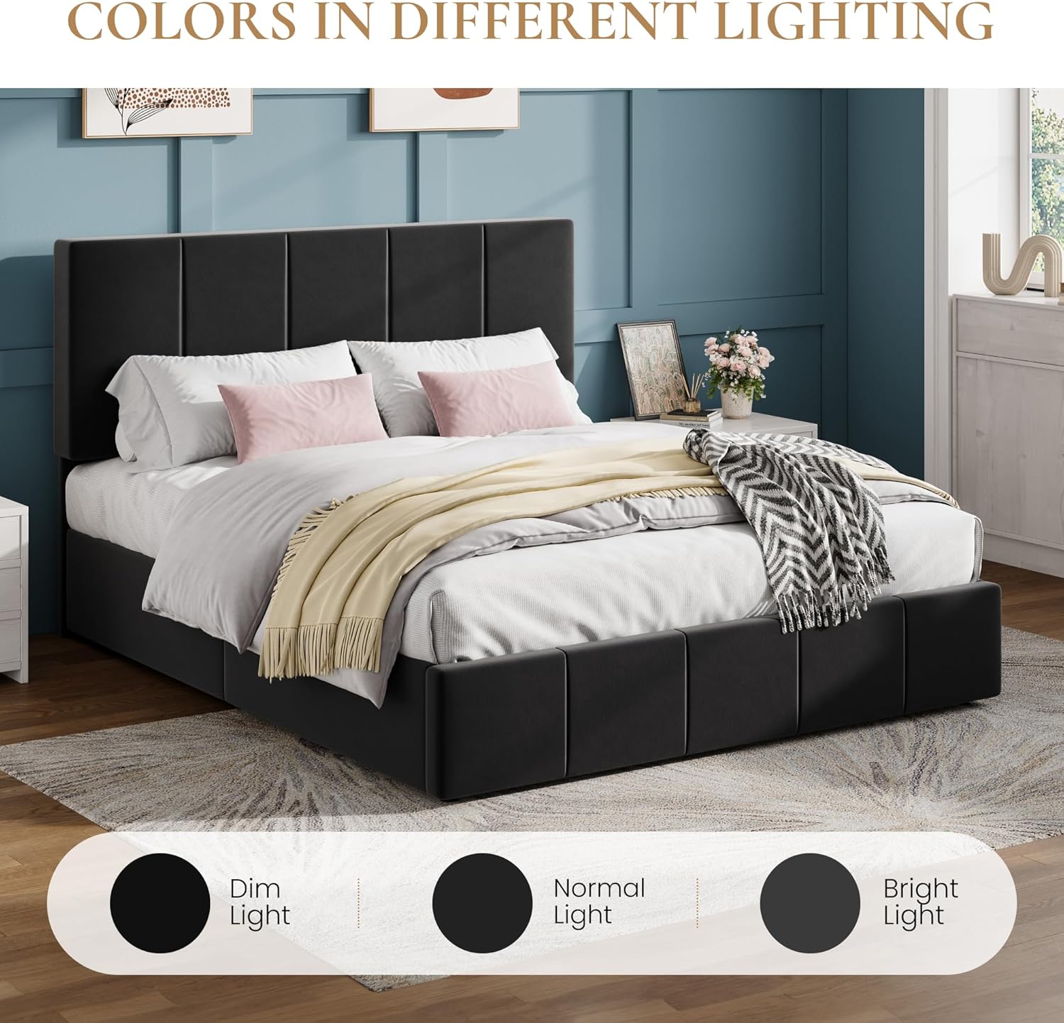 SHA CERLIN Full Size Bed Frame, Velvet Upholstered Platform Bed, Vertical Channel Tufted Adjustable Headboard, Low Profile Bed Frame, No Box Spring Needed, Easy Assembly, Black