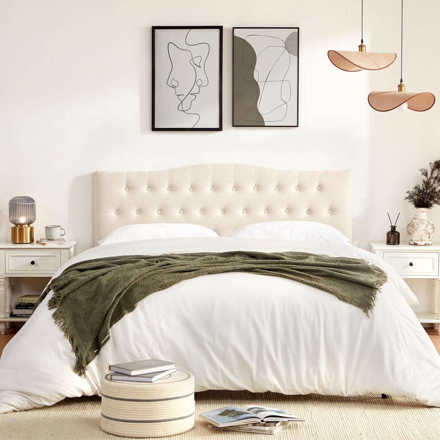 Huatean Home Tufted Upholstered Headboard California King, Sturdy and Durable Solid Wood Bed headboard, Fabric Headboard Adjustable Height from 37' to 51', Button Diamond Design Head Board, Beige