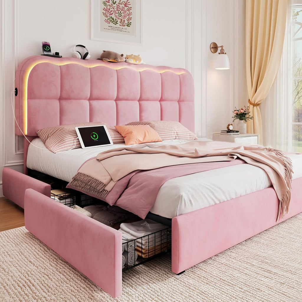 CypBed Queen Size Bed Frame with 4 Storage Drawers & LED Lights, Velvet Upholstered Platform Bed Frame with Charing Station and Adjustable Headboard, Wood Slats Support, No Box Spring Needed, Pink