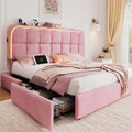 CypBed Queen Size Bed Frame with 4 Storage Drawers & LED Lights, Velvet Upholstered Platform Bed Frame with Charing Station and Adjustable Headboard, Wood Slats Support, No Box Spring Needed, Pink
