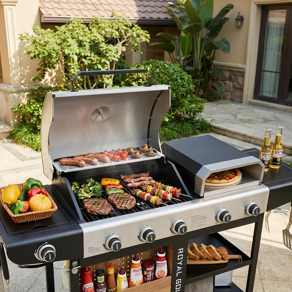 ZH3004H Premium Gas Grill and Pizza Oven Combo with Side Burner, 59,000 BTU, 768 Square Inches of Grilling Area, Automatic Ignition, Perfect for Backyard, Patio and Outdoor Parties, Black