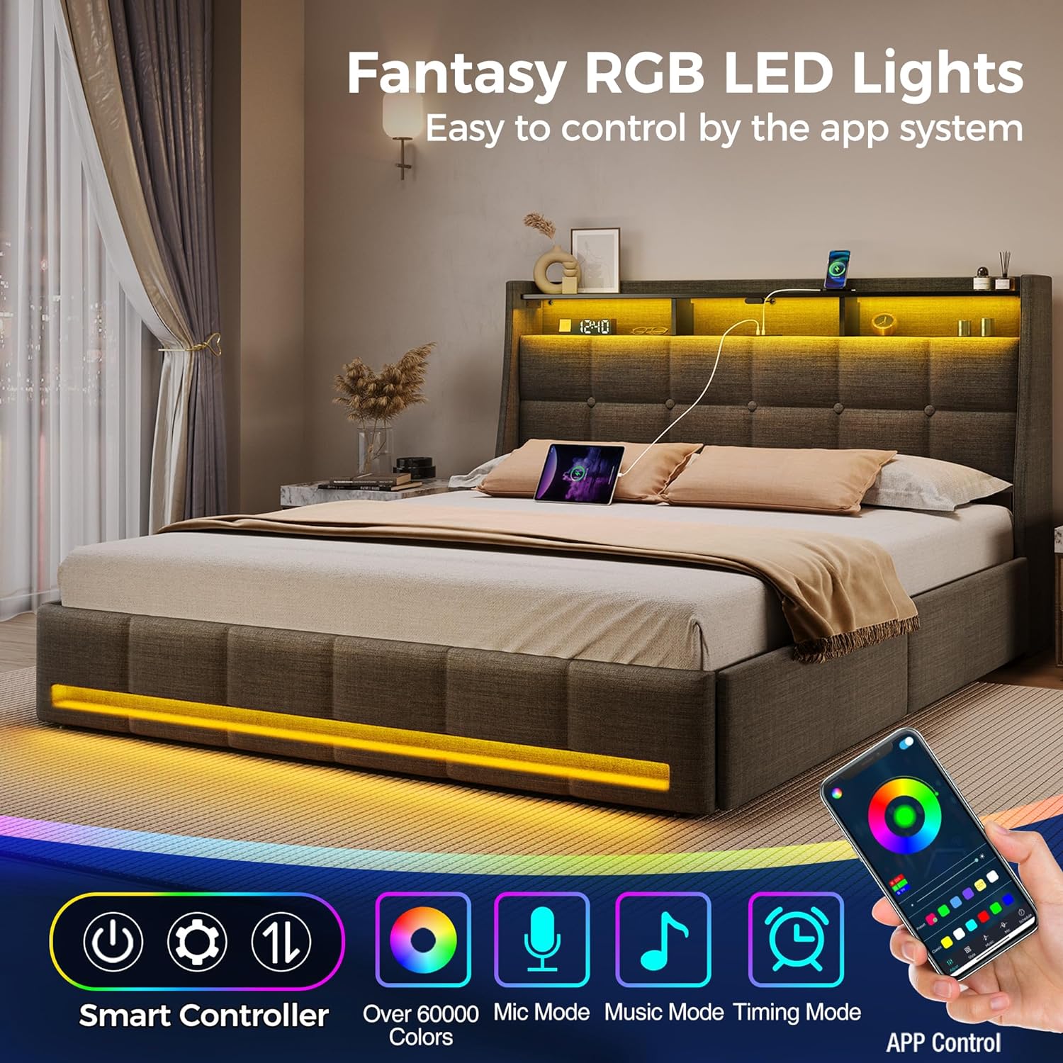 Rolanstar Queen Size Bed Frame with LED Lights and Charging Station, Upholstered Bed Storage Headboard & Drawers, Heavy Duty Wood Slats, Easy Assembly