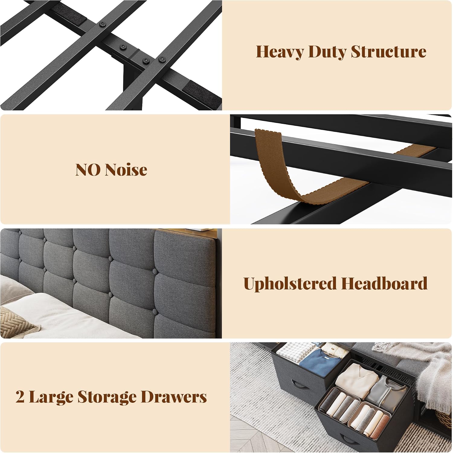 EnHomee Full Size Bed Frame with Headboard and 60' W Bed End Stool, 2 Drawers & LED & Charging Port Full Bed Frame with Storage Built in Charging Station,NO Noise,No Box Spring Needed,Gray