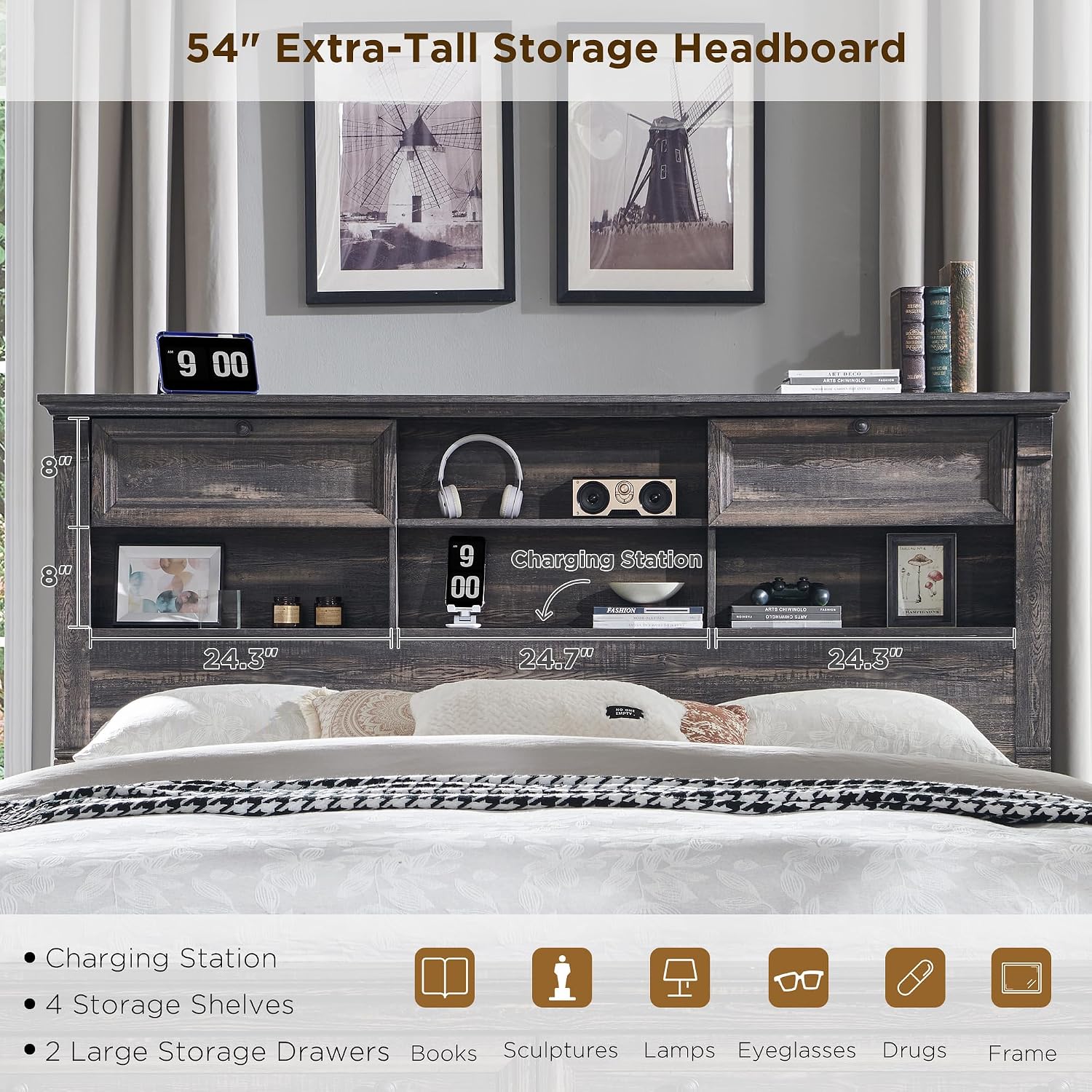 Farmhouse King Size Bed Frame with 54' Tall Storage Bookcase Headboard, Wood Platform Bed Frame with 18' Tall Roman Column Decoration Footboard & 2 Drawers, No Box Spring Needed(Dark Rustic Oak)