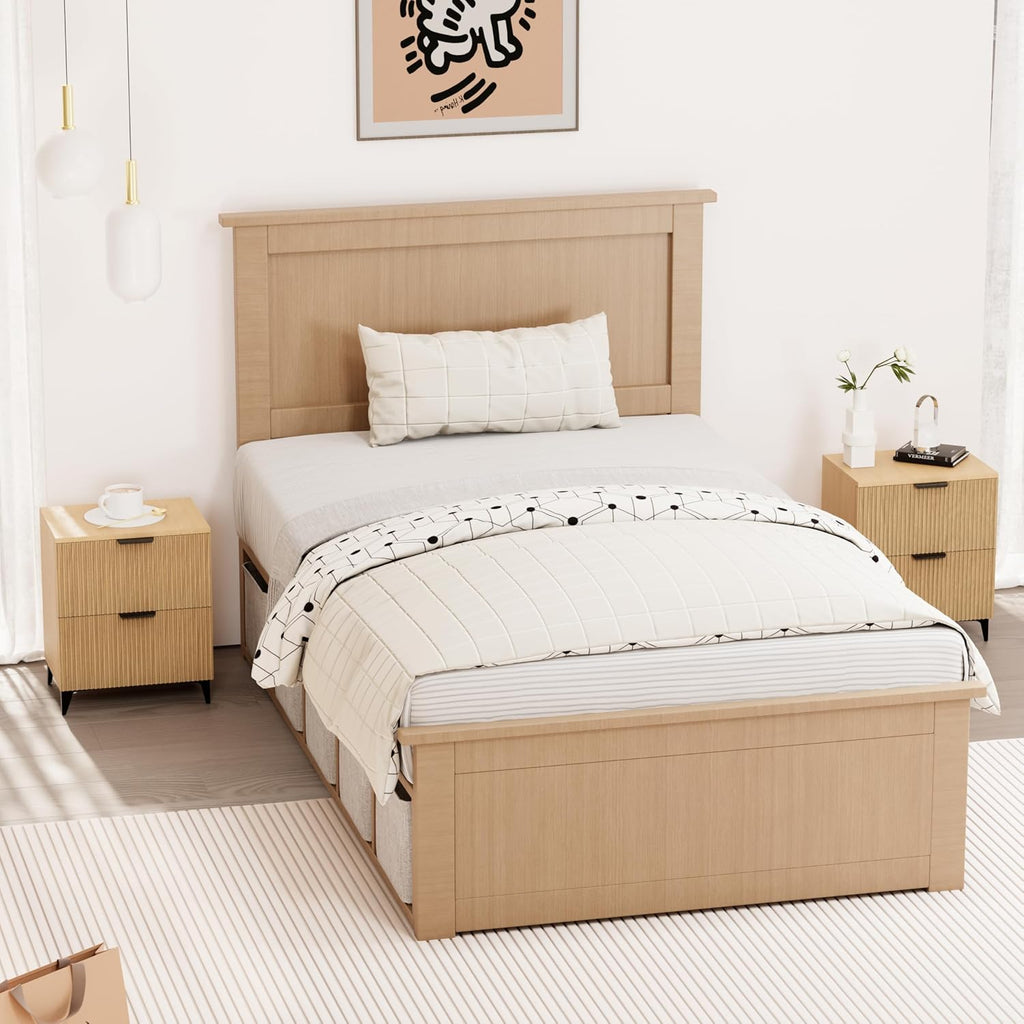 Royal Windsor Small Night Stand Set of 2, Fluted Nightstand with 2 Drawers, Side End Table with Storage, Modern Night Stand Bedside Table for Small Indoor Rooms, Natural Oak