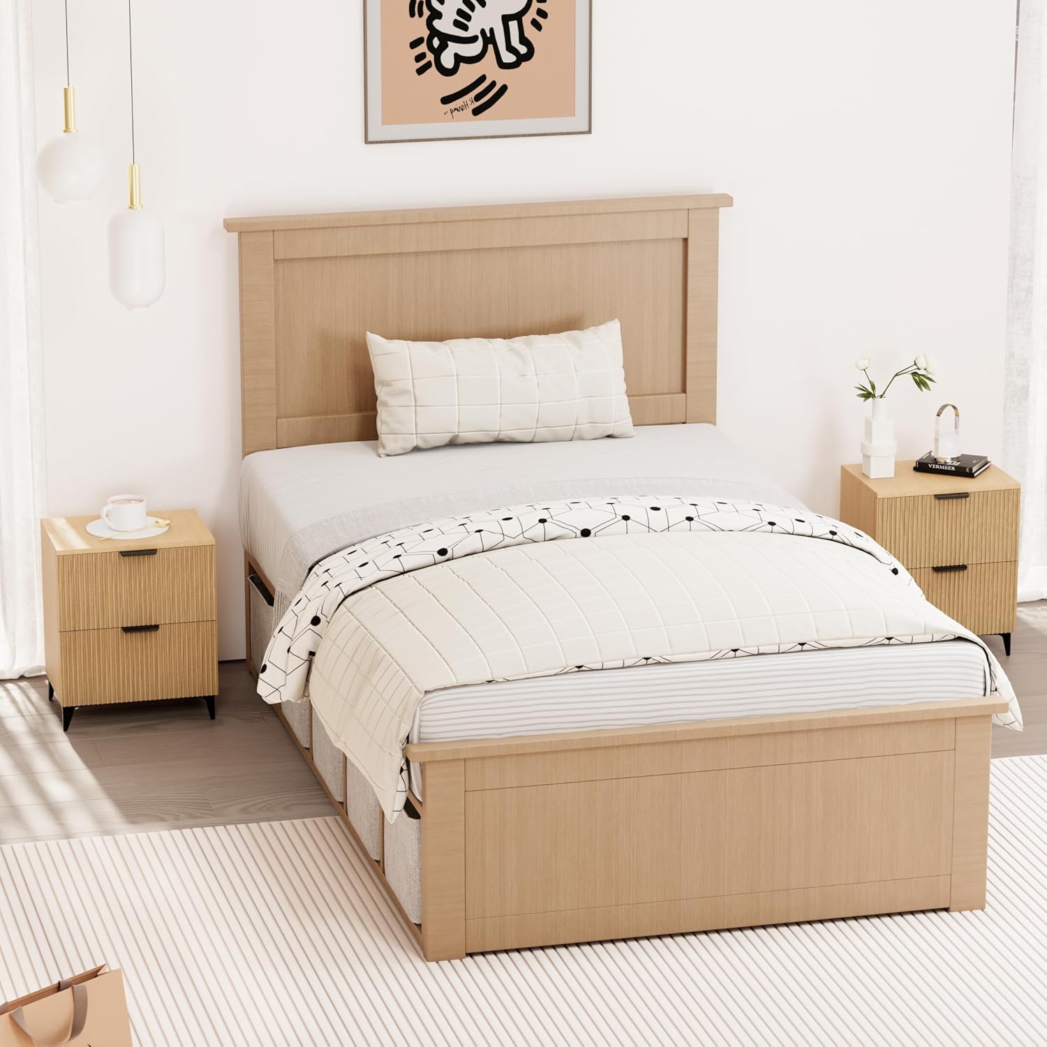 Royal Windsor Small Night Stand Set of 2, Fluted Nightstand with 2 Drawers, Side End Table with Storage, Modern Night Stand Bedside Table for Small Indoor Rooms, Natural Oak