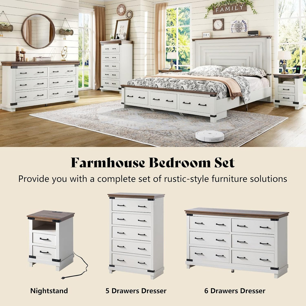 AMERLIFE 2 Pieces Farmhouse Bedroom Set, Includes Wood Rustic Full Size Bed Frame with 54' Tall Headboard, 6 Drawers Large Dresser Chest, Heavy Duty Thick Plank Styling, Antique White