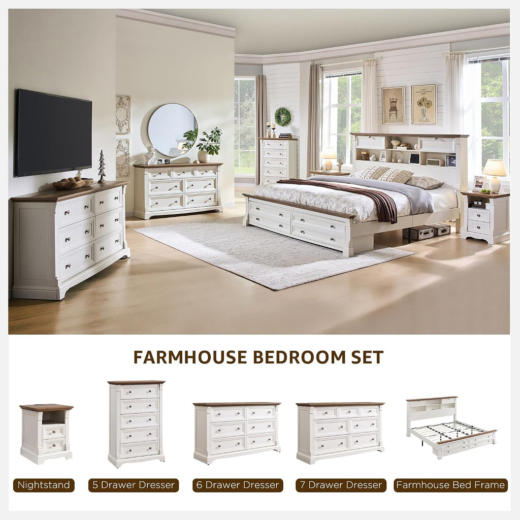 T4TREAM Farmhouse Queen Size Bed Frame with 54' Tall Headboard, Wood Platform Bed Frame with 18' Tall Roman Column Decoration Footboard & 2 Large Storage Drawers, No Box Spring Needed(Antique White)