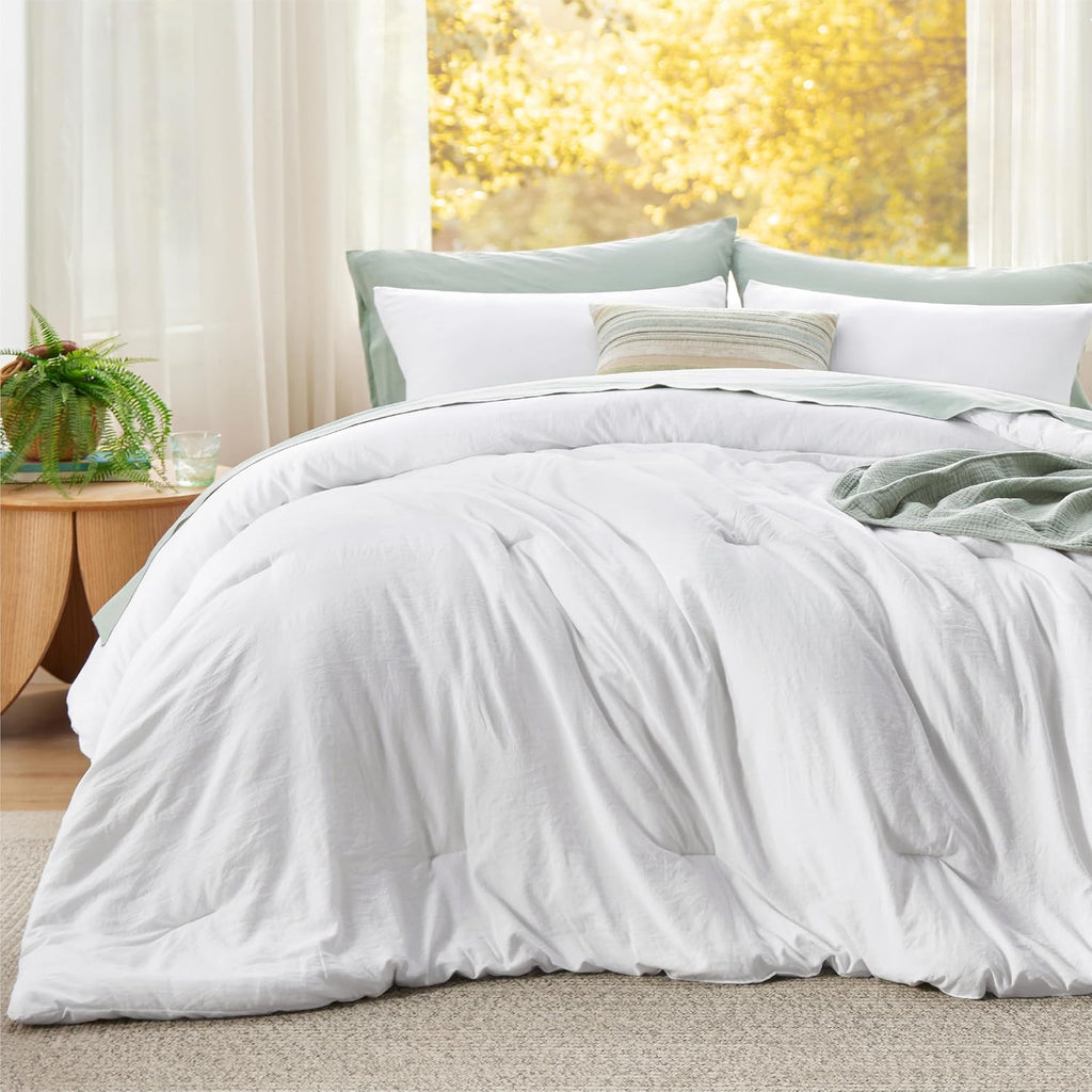 Bedsure Super King Plus Comforter Set, White Soft Prewashed Bedding for All Seasons, 3 Pieces GentleSoft™ Bed Set, 1 Lightweight Comforter (128'x120') and 2 Pillowcases (20'x36')