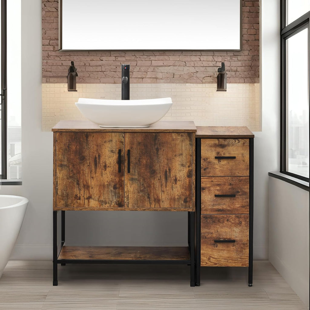 UEV 42' Rustic Brown Bathroom Vanity with Sink Combo,Industrial Iron Frame Bathroom Cabinet Sets with 3 Drawers Side Cabinet,Modern Artistic Ceramic Vessel Sink(032WH)