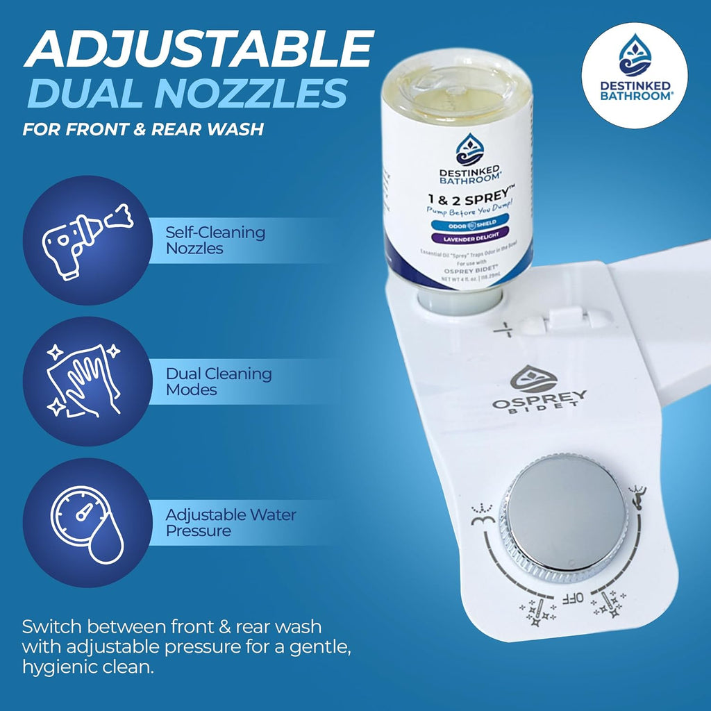 Toilet Seat Bidet Attachment – Smart Bidet Toilet Seat Elongated with Dual Nozzles, Bidet Attachment for Toilet Normal Water, Non-Electric Bidet Sprayer with Essential Oil Spray, by Destinked Bathroom
