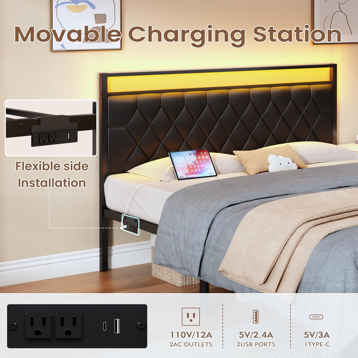 King Size Bed Frame with Headboard, Modern Metal Bed Frame with LED Lights & Charging Station, PU Leather Upholstered Headboard, All Metal Slats Support, No Boxing Spring Needed, Noise Free, Black