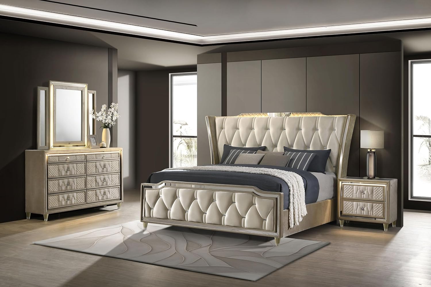 Coaster Home Furnishings - Lorient - Wood - 4-Piece Bedroom Set with LED Wingback Bed, USB Port, Traditional Style and Tufted Crown Details - Bedroom - Eastern King Size - Ivory & Camel - 222661KE-S4