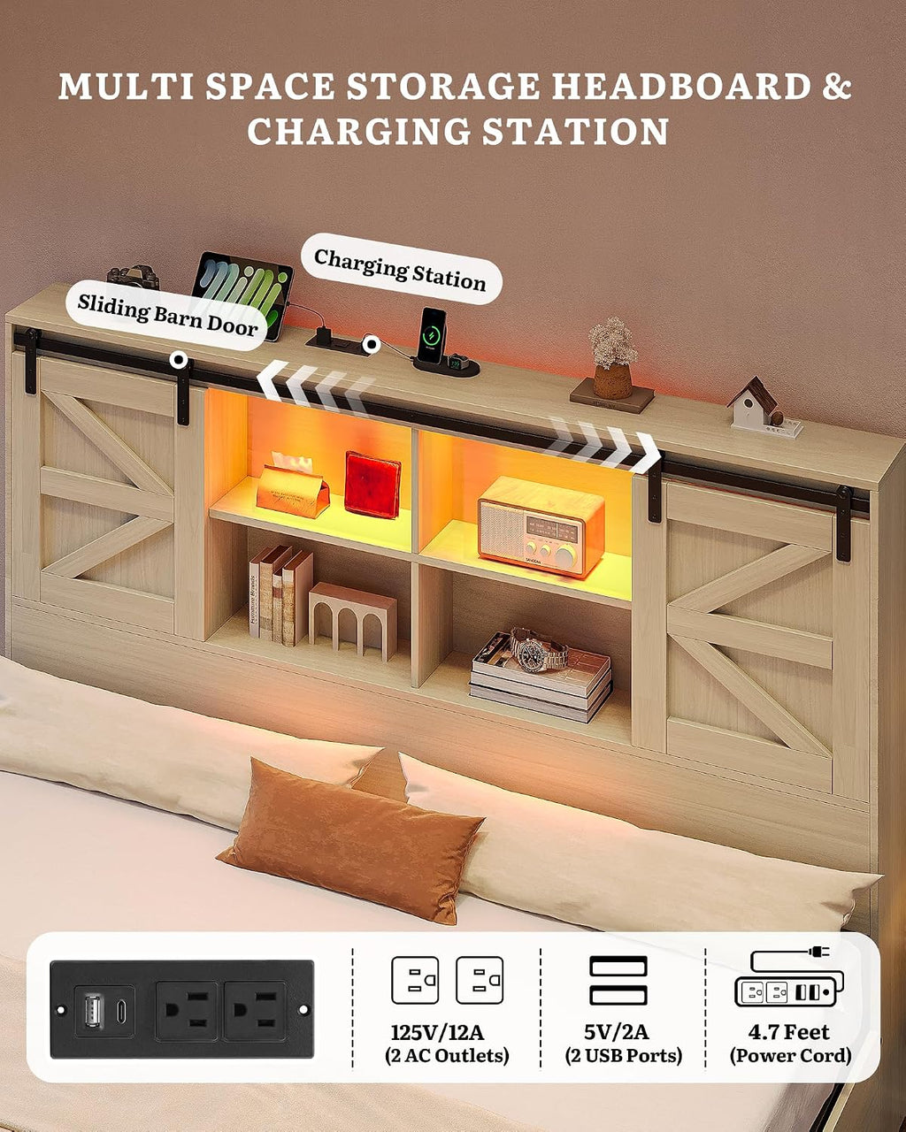 DWVO Farmhouse King Size Bed with 50' Tall Storage Bookcase Headboard, Sliding Barn Door, 4 Storage Drawers, RGB LED Bed Frame w/Type-C&USB Charging Station, No Box Spring Needed, Antique White