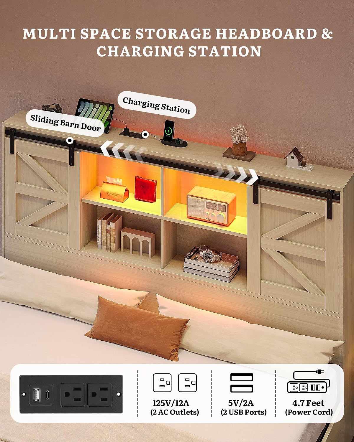 DWVO Farmhouse King Size Bed with 50' Tall Storage Bookcase Headboard, Sliding Barn Door, 4 Storage Drawers, RGB LED Bed Frame w/Type-C&USB Charging Station, No Box Spring Needed, Antique White