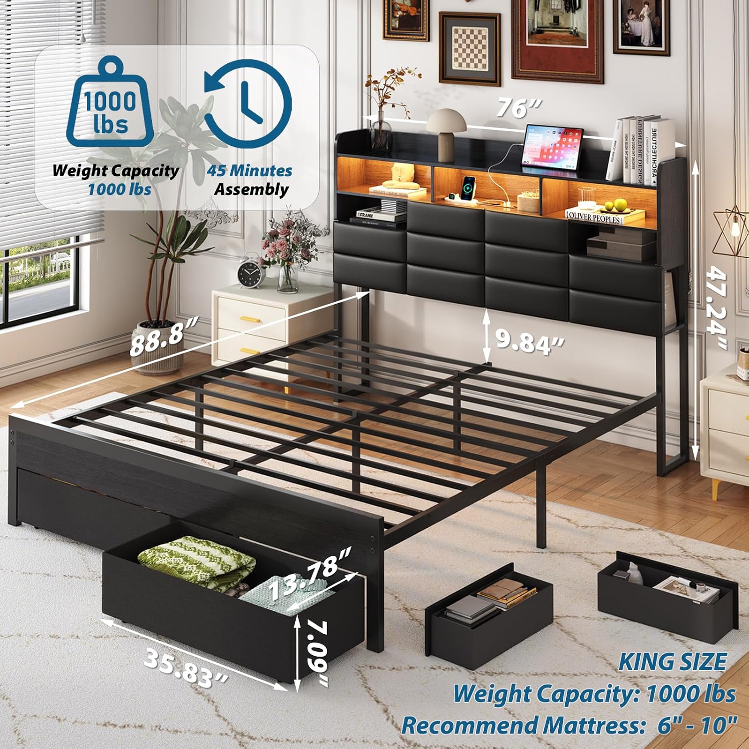 King Bed Frame with Storage Headboard, Upholstered Black Bed Frame with 4 Drawers, LED Lights, and Charging Station, Heavy-Duty Metal Slats Support, Noise-Free