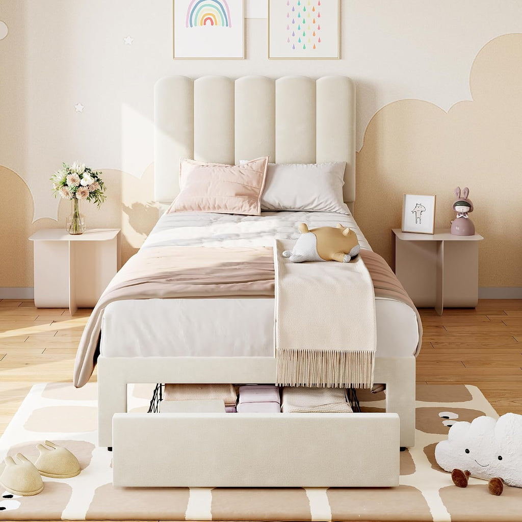 IDEALHOUSE Twin Bed Frame with Storage Drawer and Headboard, Velvet Upholstered Twin Platform Bed Frame for Girls, Strong Wooden Slats Support, Noise-Free, Easy Assembly (Beige)