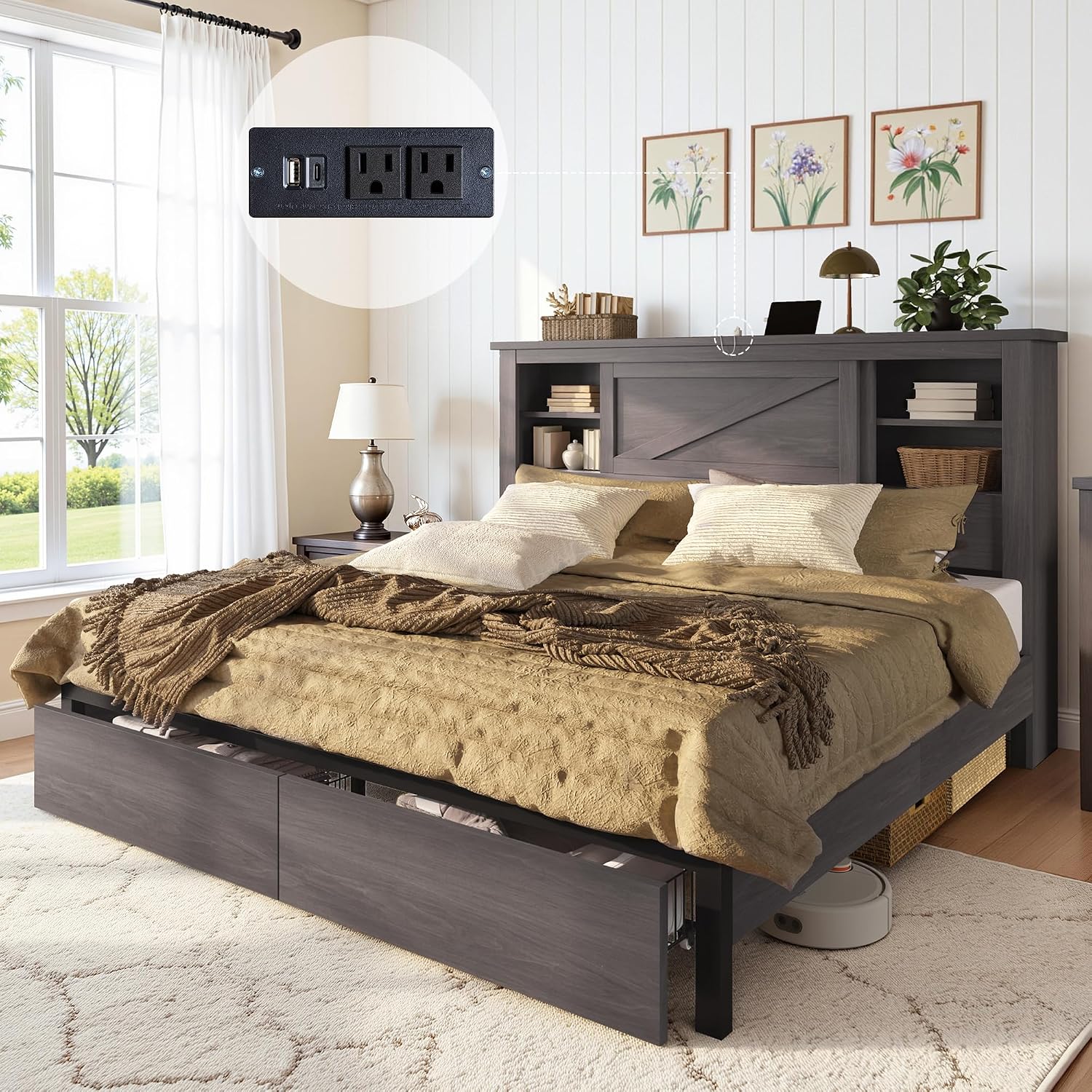 AMERLIFE 47.2' H Queen Bed Frame with Hidden Space Bookcase Headboard and Charging Station, Beds with 2 Storage Drawers and Wood Slats, No Box Spring Needed, Grey