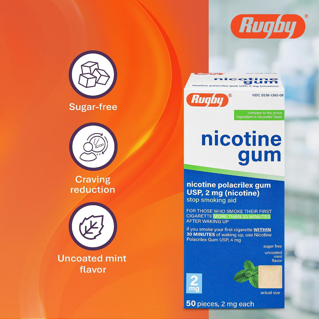 Rugby Polacrilex 2mg Nicotine Gum - USP Uncoated Mint Flavor, Sugar-Free Quit Smoking and Vaping Aid, 50 Count (8-Pack)