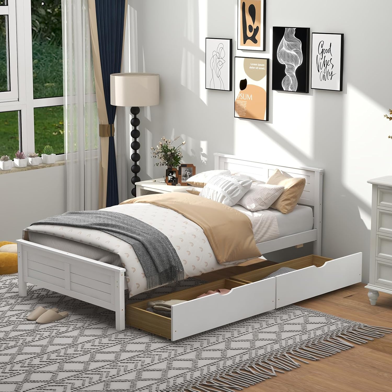 GOFLAME Twin Size Bed Frame with 2 Drawers, Platform Bed with Solid Wood Headboard & Footboard, Wood Slats Support Mattress Foundation, Under Bed Storage, No Box Spring Needed, Easy Assembly, White