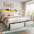 EnHomee Full Size Bed Frame with 2-Tier Storage Headboard & Charging Station, LED Platform Bed Frame with 2 Storage Drawers, Sturdy Wooden Slats Support, Noise-Free, No Box Spring Needed, Beige