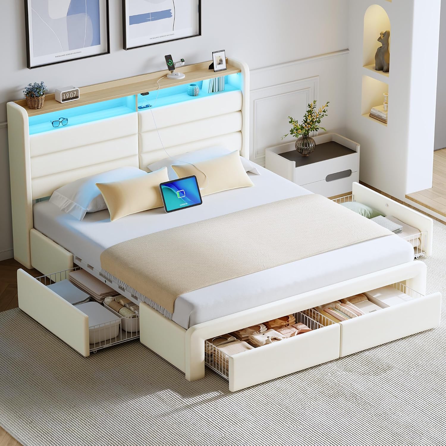 Seventable Full Bed Frame with Storage Drawers & Charging Station, Upholstered Platform Bed with LED Light and Storage Headboard, No Box Spring Needed, Noise Free, Easy Assembly, Biege