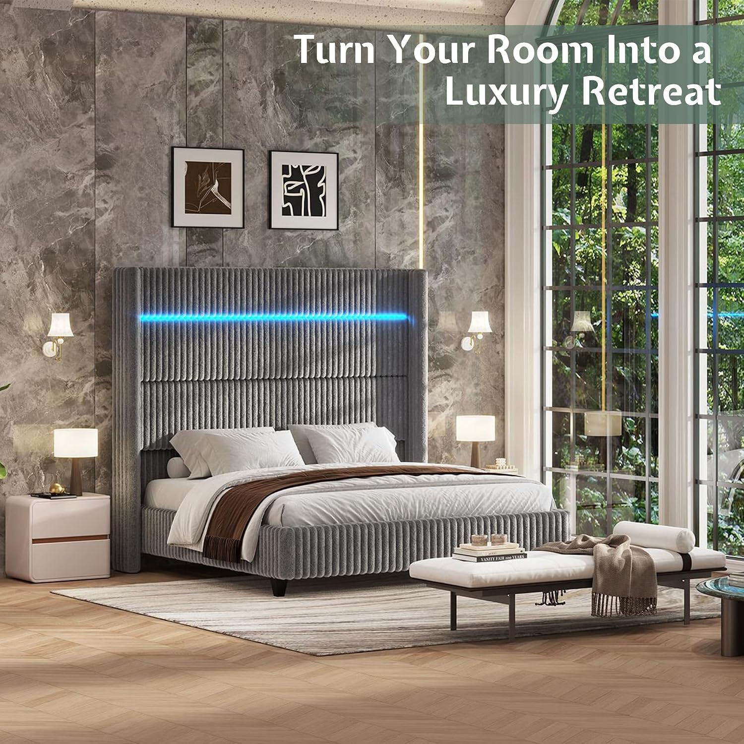 Jocisland King Faux-Fur Upholstered Bed Frame with 60' Wingback Headboard, Built-in LED/Charging, Noise-Free, Easy Assembly, No Box Spring, for Family with Kids/Pets & Luxury Bedroom, Grey