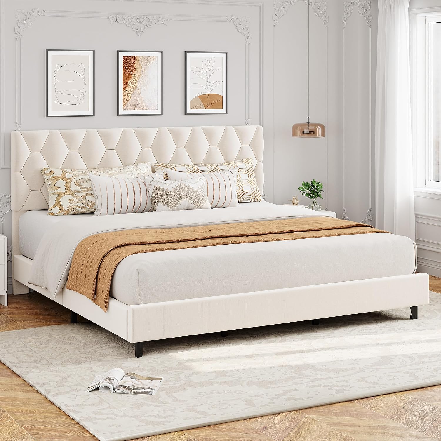 GarveeHome Beige King Bed Frame with Upholstered Headboard, Heavy-Duty Platform Bed Frame with Adjustable Headboard, Strong Wood Slat Support/No Box Spring Needed/Noise Free