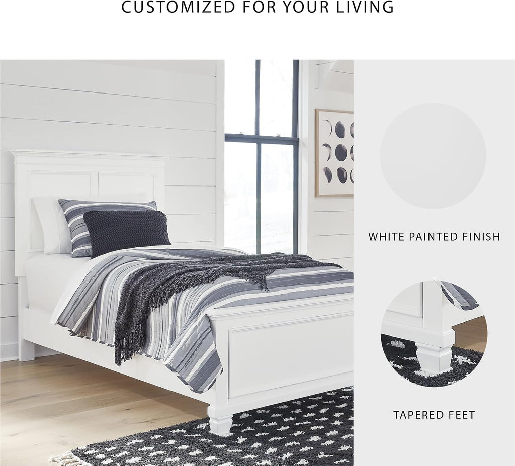 Signature Design by Ashley Fortman Transitional Twin Panel Bed with Tapered Feet, Foundation or Box Spring Needed, White
