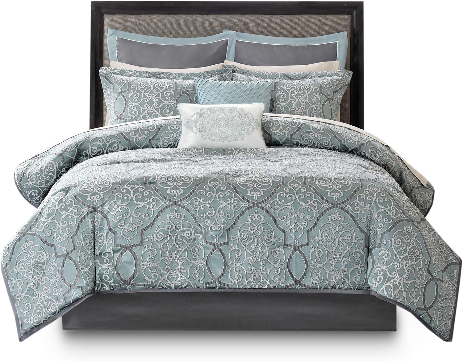 Madison Park Lavine Cozy Bed in a Bag Comforter Set, Traditional Luxe Jacquard Design All Season Down Alternative Bedding with Cotton Bed Sheets, Bed Skirt & Pillows, King Blue 12 Piece