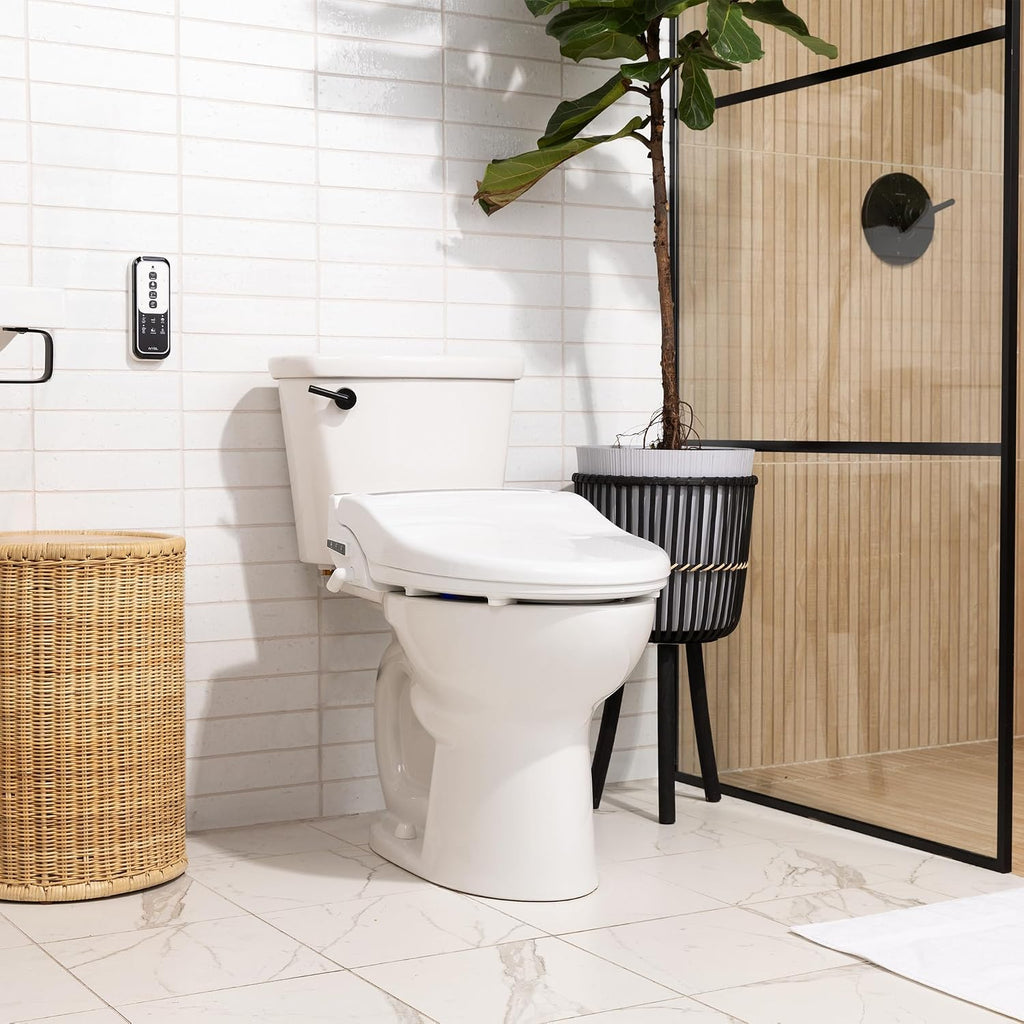 Electric Bidet Seat for Toilet, Round with Remote, Tankless Unlimited Heated Water, Stainless Steel Self-Cleaning Nozzle, Turbo Wash – Ivyel AP-7 REM