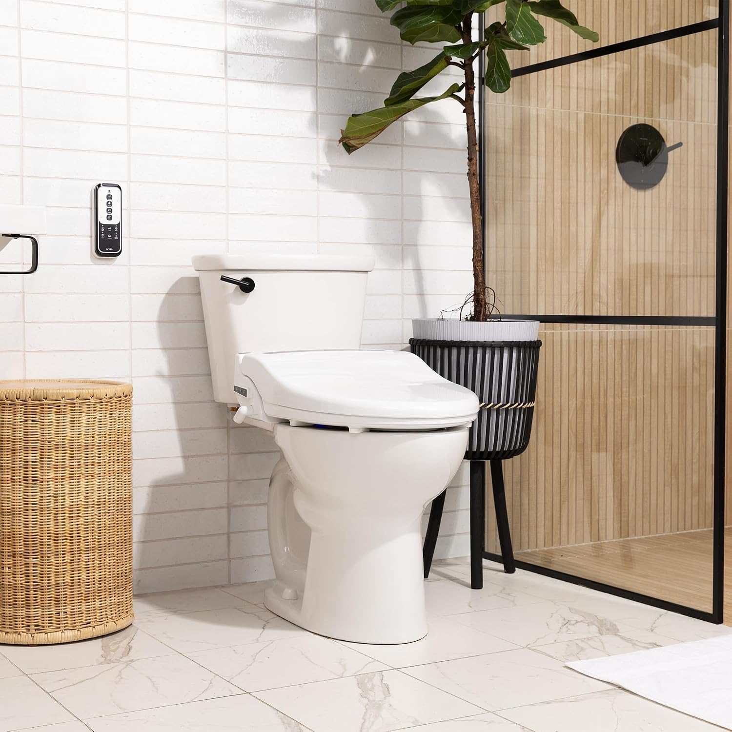 Electric Bidet Seat for Toilet, Round with Remote, Tankless Unlimited Heated Water, Stainless Steel Self-Cleaning Nozzle, Turbo Wash – Ivyel AP-7 REM