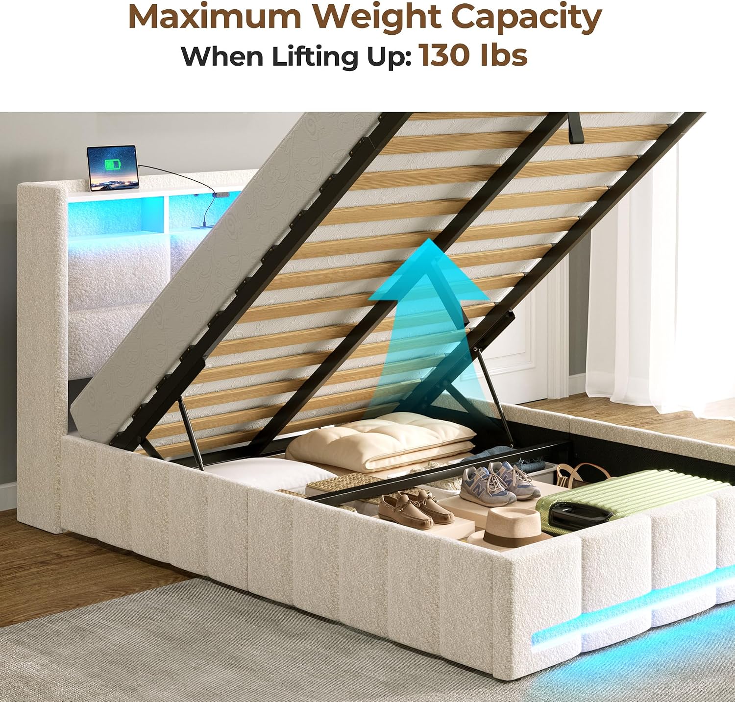 Rolanstar Bed Frame Twin Size with Lift Up Storage, Charging Station & LED Lights, Upholstered Storage Headboard, Heavy Duty Wooden Slats, No Box Spring Needed, Noise Free, Easy Assembly, Beige