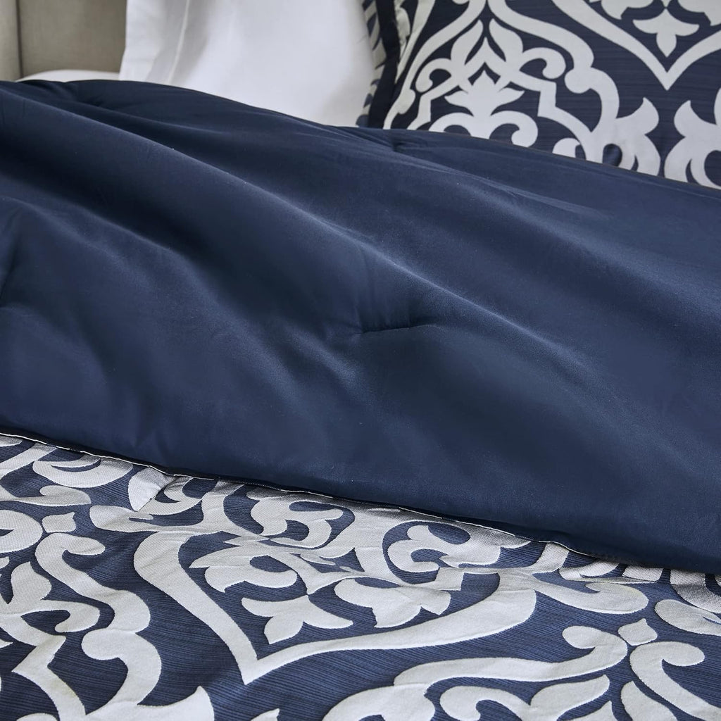 Madison Park Tesla Cozy Comforter Set Jacquard Damask Medallion Design - All Season Down Alternative Bedding, Shams, Bedskirt, Decorative Pillows, King, Navy 6 Piece