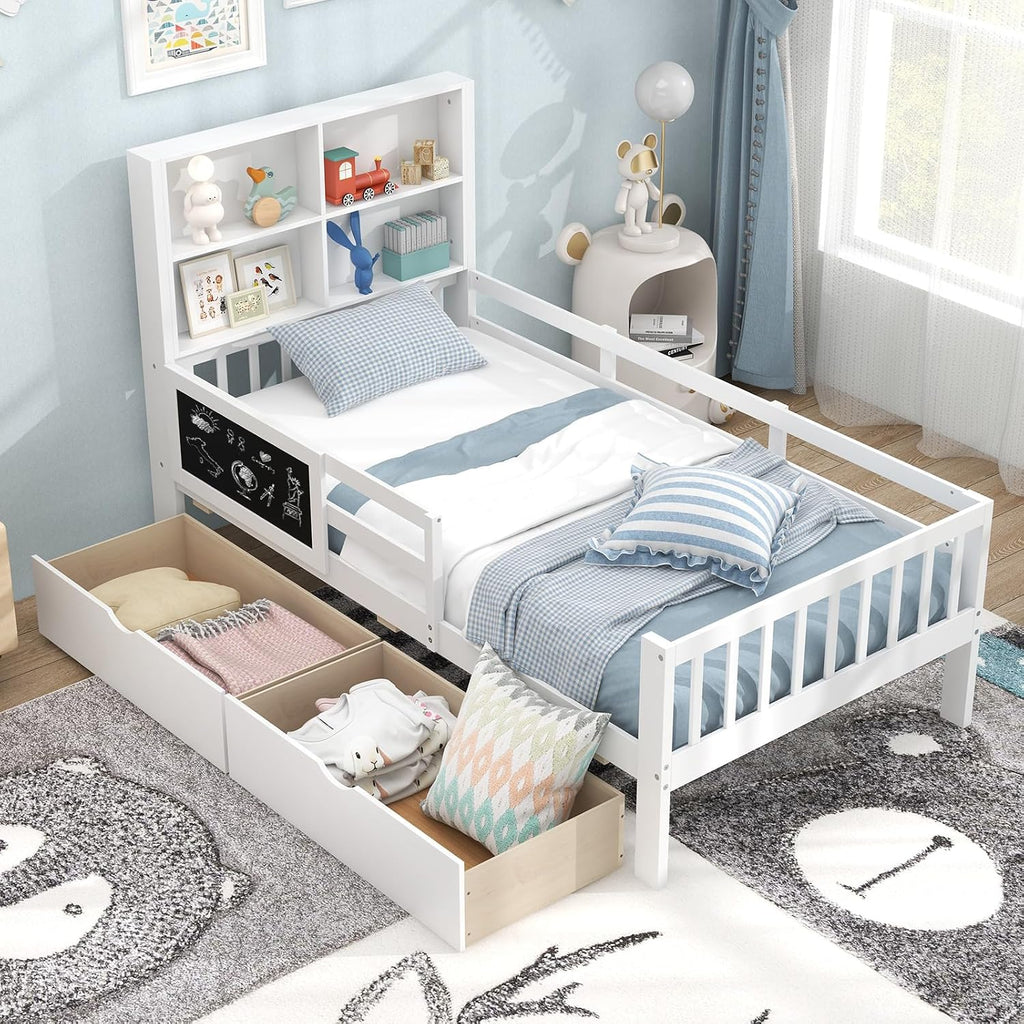 Giantex Twin Bed with 2 Storage Drawers, Solid Wood Kids Bed Frame w/Bookcase Headboard & Blackboard, Full-Length Guardrails & Wooden Slats Support, Twin Bed Frames for Kids Boys Girls, White