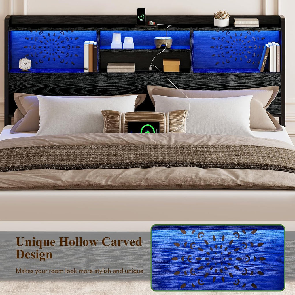 Belffin Queen Bed Frame with 6 Storage Drawers and Carving Headboard, Wooden Bed Frame with Charging Station and LED Lights, No Noise and Easy Assembly, No Box Spring Needed, Vintage Black