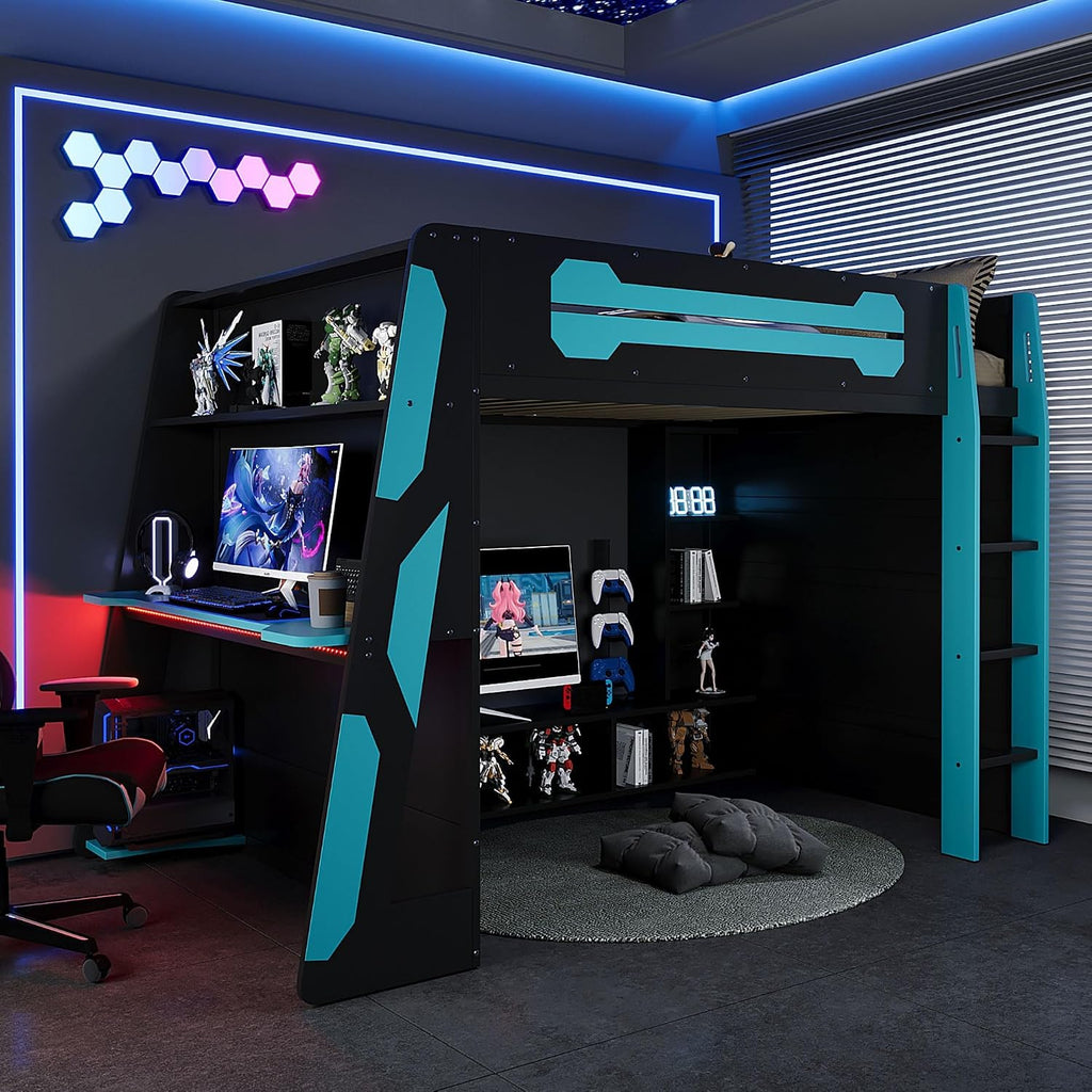 Bellemave Gaming Loft Bed with Desk and Lights, Full Loft Bed with Storage Shelves and Work Station, Wood Loft Bed Frame for Kids, Boys, Girls, Teens, No Spring Box Needed & Dedicated Style, Blue