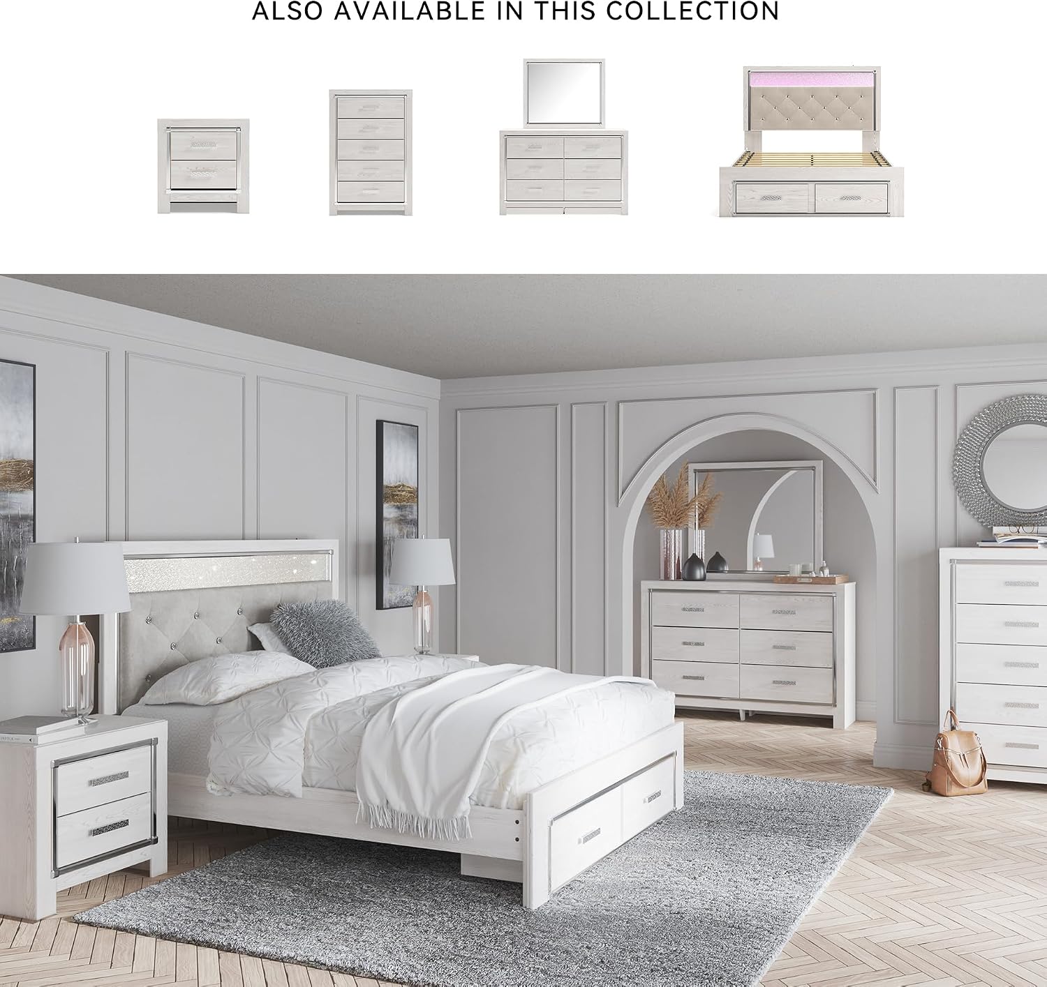 Signature Design by Ashley Altyra Contemporary Adjustable Tufted Queen Upholstered Storage Platform Bed with LED Lights and 2 Drawers, Foundation or Box Spring Not Needed, White & Gray