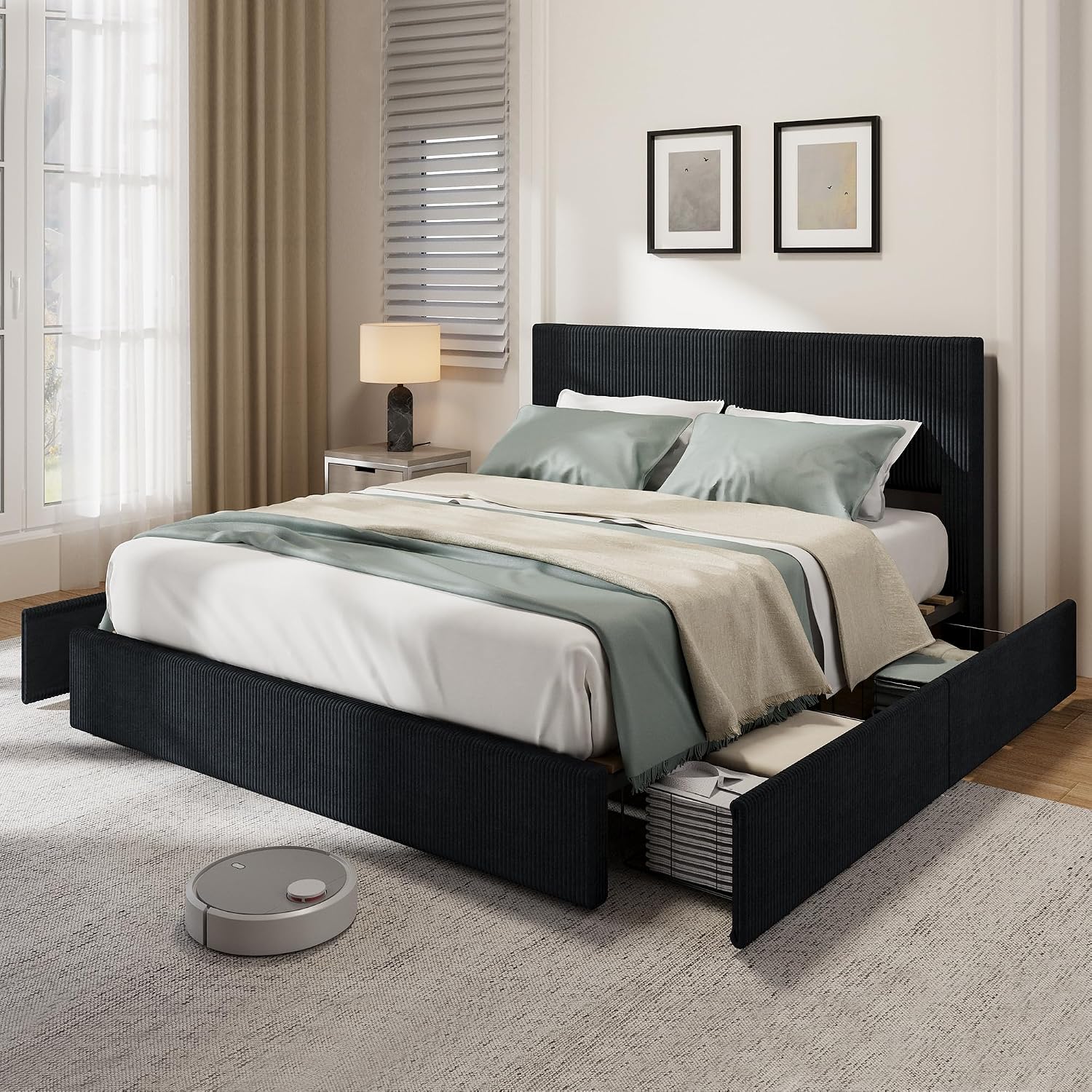 IDEALHOUSE King Size Bed Frame with Tufted Wingback Headboard, Platform Corduroy Upholstered Bed Frame with 4 Storage Drawers and Wooden Slats Support, No Box Spring Needed, Black