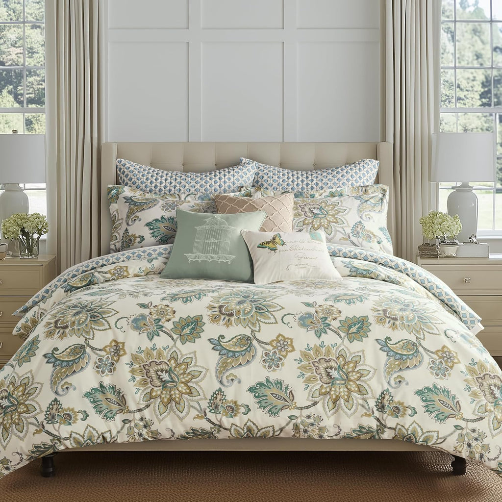 Levtex Home - Grey Palladium Duvet Set - Queen Duvet Cover (90x94in.) + Two Standard Pillow Cases (20x26in.) - Paisley - Green, Yellow, Grey, Blue and White - Cotton