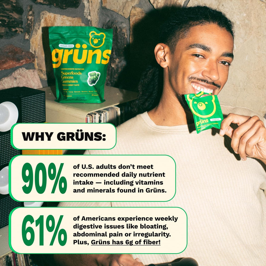 Gruns Adult Super Greens Multivitamin Gummies, Superfood Gummy Vitamins for Women and Men with Spirulina, Chlorella, Adaptogens & Prebiotic Fiber for Digestive Health (28 Count) (Pack of 2)